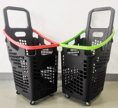 China Customized Logo Plastic 4 Wheels Supermarket Store Basket Trolley 1.5