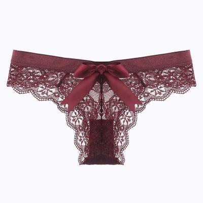 China Antibacterial seamless comfortable transparent ultra-thin bow waist bottom panties seductive thong lace for sale