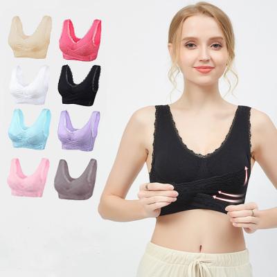 China European and American antibacterial plus size sports bra with cross side buckle lace sports bra without steel ring gathering sports underwear for sale