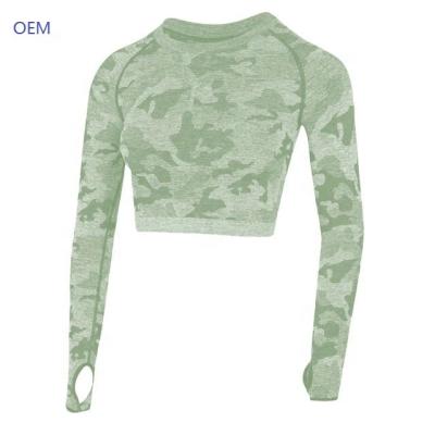 China Breathable 200 Pcs / Style Custom Women Camouflage Seamless Long Sleeve Crop Top Yoga Crop Top for sale