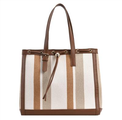 China Shopping bag ready to ship fashionable beige striped medium canvas medium use women daily promotion packaging for sale