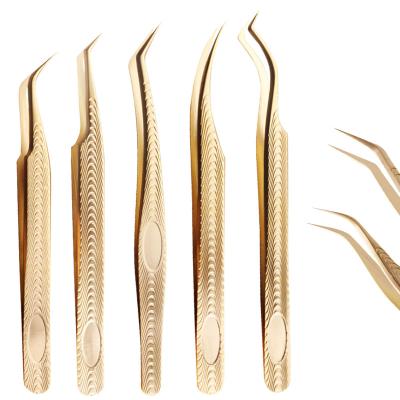 China Stainless Steel Beauty Tool Kit Gold Eyelash Extension Forceps 6 Pieces Set Gold Wick Tweezers Can Be Customized Color for sale