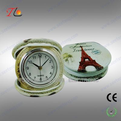 China New portable and folding 3D flower printing PU Paris travel alarm clock for promotion for sale