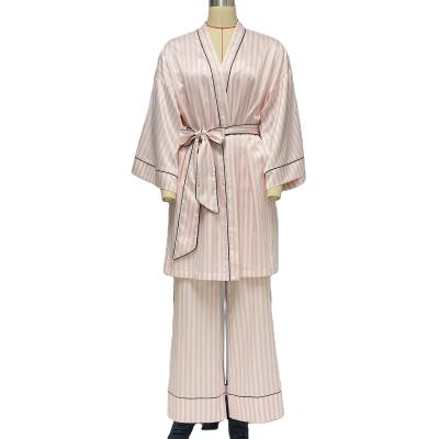 China Breathable Women's Soft Satin Lace Up Pink Striped Pajamas Spring And Autumn Cozy Pajamas Three Piece Set for sale