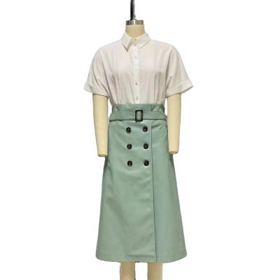 China QUICK DRY High Quality Leather Elegant Short Sleeve Green Blouses Women's Blouse And PU Skirt Two Piece Set for sale