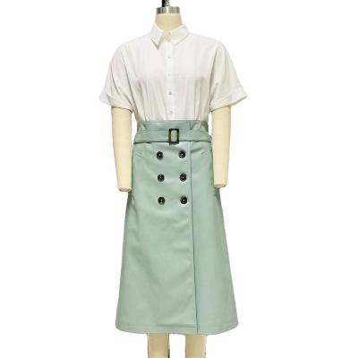 China New women's fashion temperament set skirt set QUICK DRY long PU two-piece white leather skirt shirt skirt set for sale