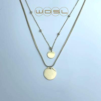 China Hypoallergenic 2 Link Chain Necklace Stainless Steel Women Jewelry Fashion Layered Polished Round Disc Pendant Necklace Sets for sale