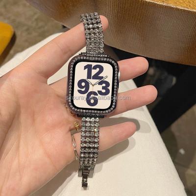 China Four Row Stainless Steel Metal Diamond Stainless Steel Watch Band Strap For Apple Watch 7 6 5 4 3 2 1 Se iwatch Diamond Strap 22mm Watch Strap for sale