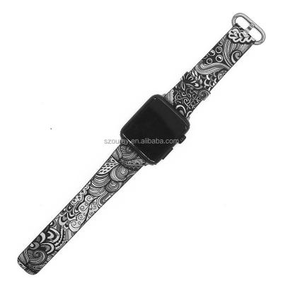 China Chinese Style Print Watch Strap Leather Band For Apple Watch Series 7 Se 6 5 iwatch Leather Strap Vintage Leather Printed Watch Band for sale