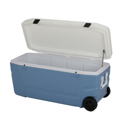 China Large 120L Insulated Fishing Cooler Meat Seafood Transport Plastic Cooler Box Ice Chest Cooler With Wheels for sale