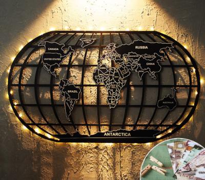 China Wholesale Metal World Map Metal Wall Art With Led Light Wall Art For Restaurant Decor for sale