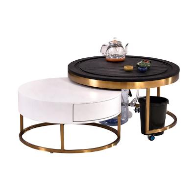 China Iron feet modern design metal+wood furniture round coffee table with fire stone for sale