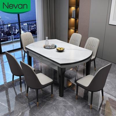 China Modern Luxury Solid Wood Round (Other) Dining Table Home Restaurant Furniture Adjustable Dining Set With 6 Chairs for sale