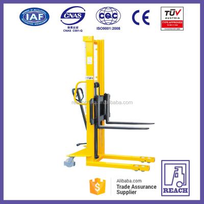 China Material Handling 1 Ton Hydraulic Manual Pallet Stacker Self Lift Stacker 147*40mm for sale