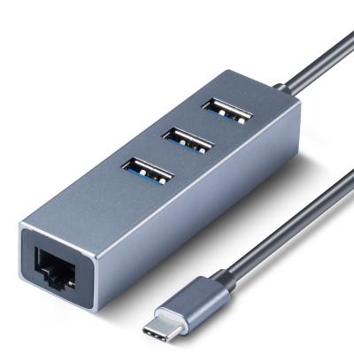 China Aluminum Alloy USB To 100M Lan Converter Adapter Hi-Speed ​​3 Port 3.0 USB Hub Splitter For Macbook Laptops for sale