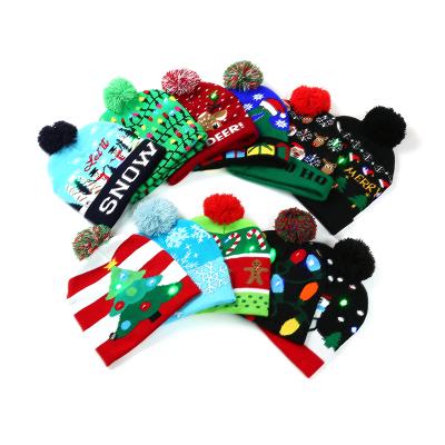 China 2021 High Quality Beanie Pom Pom Light Up Led Christmas Knitted Hat Image Hot Sale for sale