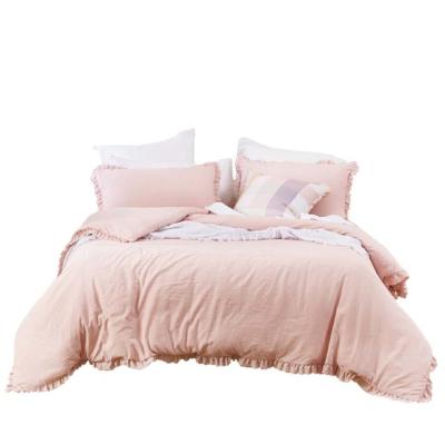 China 2022 Nondisposable Best Quality Home Textile 95gsm Prewashed 100% Hand Made Microfiber Polyester Ruffle Duvet Cover Sets for sale