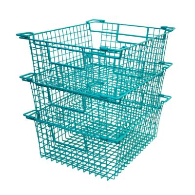 China Portable China Black Storage Containers Turquoise Rectangular Metal Wire Storage Fruit Baskets With Insert Handles for sale