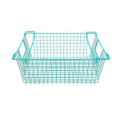 China Portable New Product Bathroom Kitchen Food Rectangular Turquoise Metal Big Storage Basket With Handles for sale