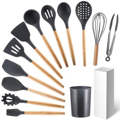 China Amazon Handle Silicone Sustainable Wooden Cookware 12 Pieces Nonstick Pan Cooking Shovel Kitchen Tools Cooking Shovel Spoon Cooking Kit for sale