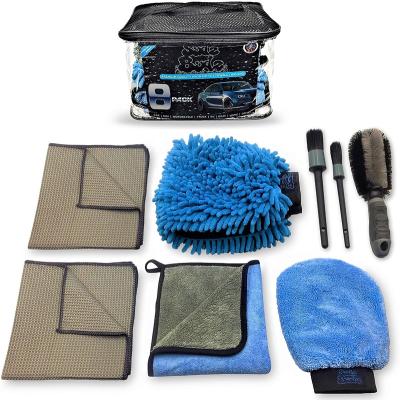 China Car Cleaning Kit 8pcs Premium Car Wash Microfiber Pickup Brush Chenille Detailing Glove, Microfiber Towels, Wheel Brush for sale