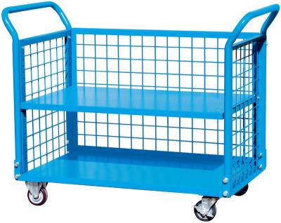 China Assembly Needed Steel Double Platform Trolley Metal Platform Logistics Wholesale Anti-rolling Double Trolley Handle With Mesh Fence for sale