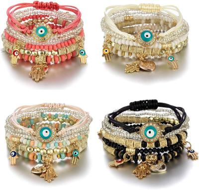 China FASHIONABLE Bohemian Stretch Beads Bracelets Evil Eye Hamsa Hand Bracelet Boho Multilayer Charms Stretch Stackable Bracelet for sale