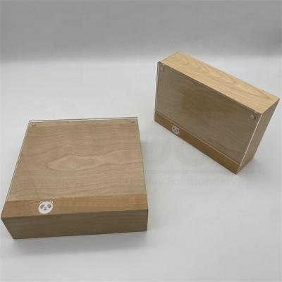 China Good Quality Factory Custom Newest Design MDF Detachable Acrylic Stand with Wood Base for sale