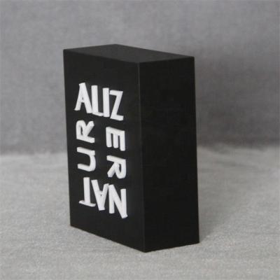 China Good Quality Rectangle Black Engraved Retail Store Brand Logo Sign Acrylic Block Rectangle Bases Display Stand for sale