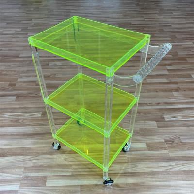 China Good Quality Transparent fluorescent green 3 Layers Restaurant Food Tea Hotel Servicing Cart Hair Salon Clear good quality Acrylic Trolley for sale