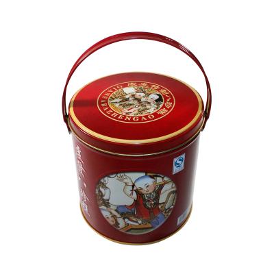 China Food Round Cookie Tin With Handle Tin Can Wholesale Custom Snacks Pack Pails for sale