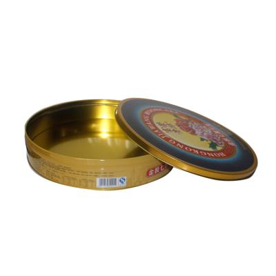 China Raw Cookies Tin Box Tea Metal Box Round Empty Food Grade Cake Gold Tin Recyclable / Eco - Friendly for sale