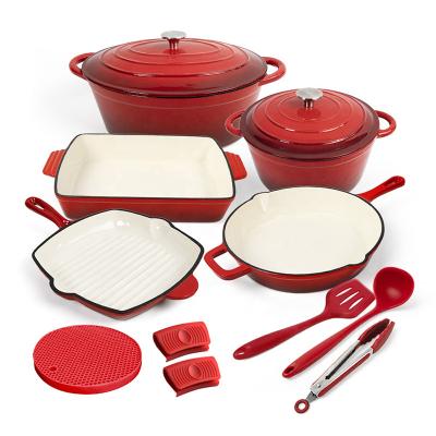 China Sustainable hot sale customize logo enamel cast iron cookware set for outdoor cooking for sale