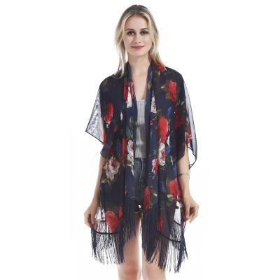 China Summer V Chiffon Poncho Shawl Soft Mesh Top Printed Sunscreen Scarf Kimono For Ladies for sale