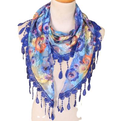 China Designer Fashion Soft Colorful Floral Printed Satin Soft Scarf With Lace Tassel For Woman for sale