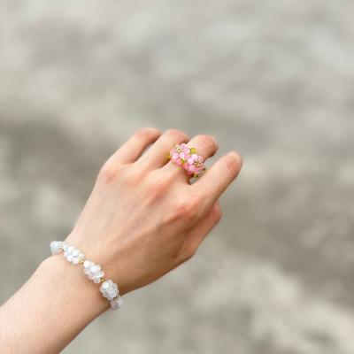 China Romantic Pink Opal Hand-Beaded Peach Blossom Shape Ring For Women Girls Custom Original Fashion Natural Stone Ring for sale