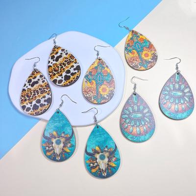 China Retro Desert Leopard Boho Water Drop Fashion Hook Earrings Wooden Print African Women Print TRENDY Cute Earrings for sale