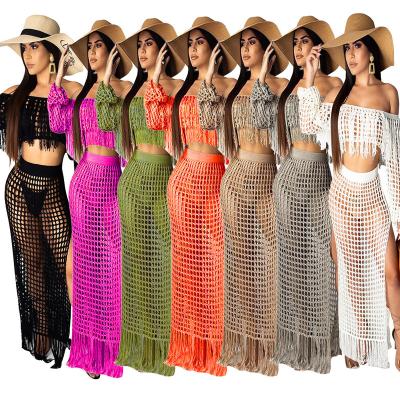 China Casual Plus Size Boat Neck Swimwear Beach Wear Tassels Hollow Two Piece Set Dress for sale