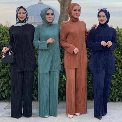 China Wholesale Dubai Suit Dubai Polyester Women Loose Casual Pleated Asian Arab Muslim Clothing Breathable for sale