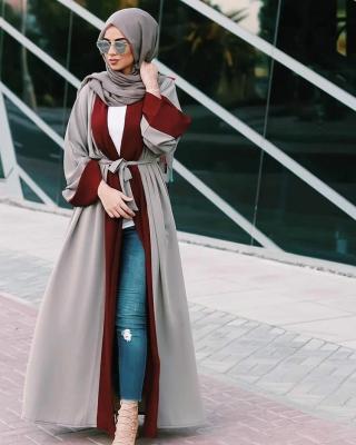 China Breathable Muslim Women's Arabian Long Dress Colorblock Belted Long Cardigan Traditional Muslim Clothing for sale