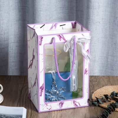 China Handmade Wholesale High Quality Pink Paper Bag With Handles Gift Shopping Paper Bags With Clear Window for sale