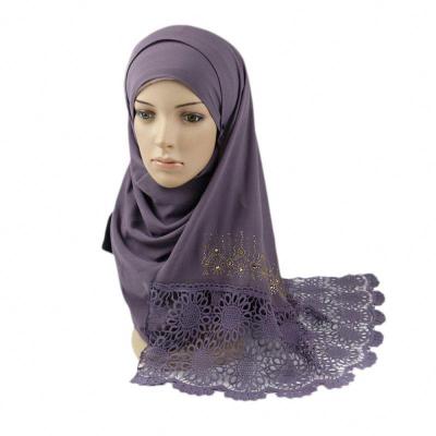 China Wholesale Plain Soft Fashion Feeling Chiffon Hijab Scarf Beaded Dubai Border Lace Muslim Hijab for sale