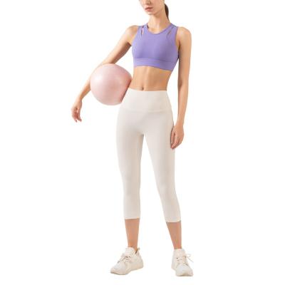 China Breathable European and American ladies spring and summer elastic sports thread high waist feeling fitness yoga naked breathable Capri pants for sale