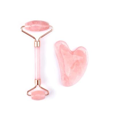 China 100% Natural Face Lift Crystal Heart Rose Quartz Skin Lift and Guasha Stone Massager Facial Beauty Face Roller Set Tool for sale