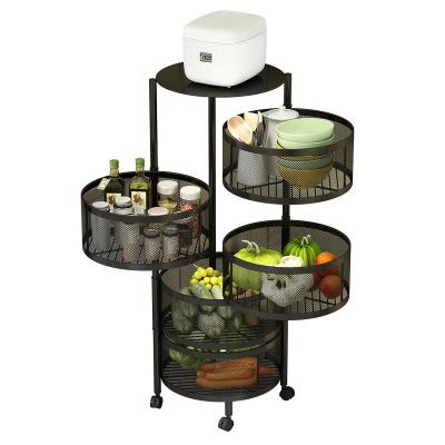 China Rotating Black Mobile Round Fresh Fruit Vegetable 3-5 Tier Fresh Fruit Kitchen Basket Metal Iron Storage Round Shelf Racks Racks With Wheels for sale