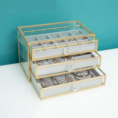 China European Style Antique Style New Arrival Viable Antique Jewelry Makeup Storage Organizer Box With Brass Transparent Glass Cosmetic Desktop Lace for sale