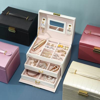 China Luxury Portable Christmas Valentine's Day Gift Colorful Desktop Packaging Organizer 3 Layer PU Leather Jewelry Storage Box for sale