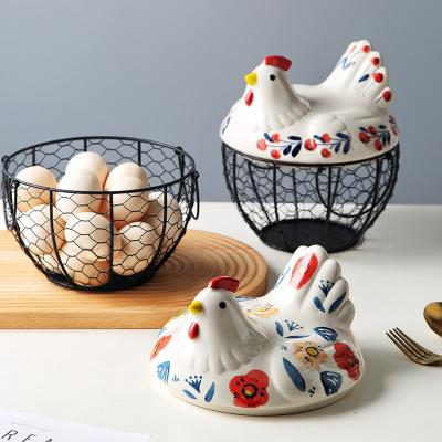 China Wholesale Viable Kitchen Decoration Portable Ceramic Metal Wire Egg Storage Basket Handsome for sale