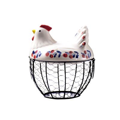 China Factory Sustainable Supply Portable Ceramic Chicken Metal Wire Egg Storage Basket Beautiful For Kitchen Decoration for sale