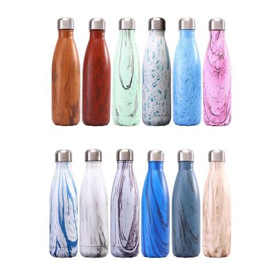 China Eco-friendly 350ml/500ml/750ml rubber paint wooden design sustainable insulated stainless steel cola water bottle for yoga fitness for sale